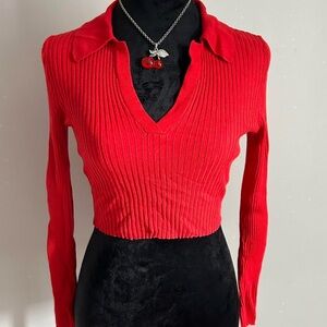 Red Cropped Ribbed Sweater with Collar
